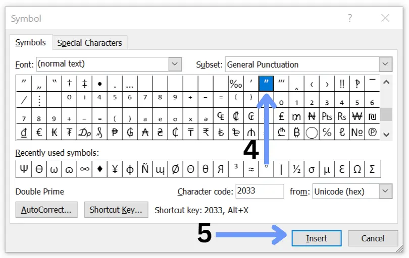 Double prime symbol in word
